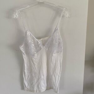 HANRO white ribbed cami tank camisole lace cups blue pink flower S embroidery